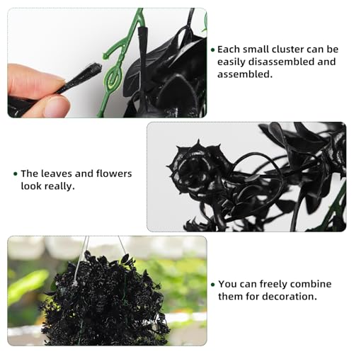 RECUTMS 2Pcs Artificial Black Hanging Flowers for Outdoors Decoration Fake Hanging Plants UV Resistant Plastic Greenery Vines Ivy for Halloween Gothic Home Porch Wall Garden Party Decor（Black） - color: Black-rose