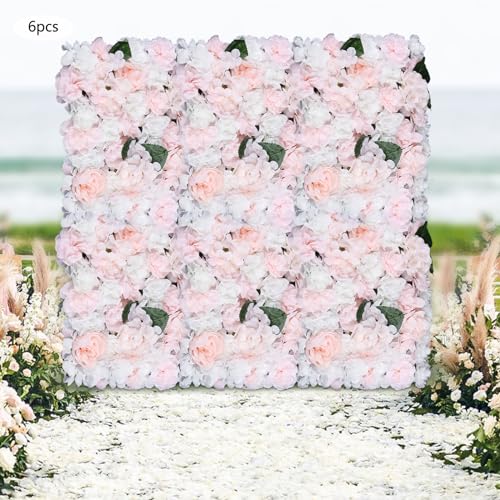 Flower Wall Panel Floral Backdrop, 6 Pcs Flower Wall Decor, 24" X 16" Silk Rose Wall, Artificial Flower Wall Backdrop Faux Flower Panel for Wedding, Party, Home (White+Champagne) - color: White+champagne