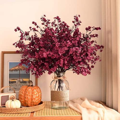 Waipfaru 15Pcs Fake Flowers Babys Breath Silk Artificial Flowers Gypsophila Bouquets Bulk Real Touch Fall Stems for Fall Thanksgiving Autumn DIY Floral Arrangement Table Centerpieces, Wine Red - color: Burgundy, size: 15pcs