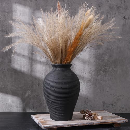 Ceramic Flower Vase Home Decor, 9 in Farmhouse Table Vases Rustic Vintage Living Room Kitchen Bedroom Pottery Decorative Vases for Flowers House Book Shelf Office Coffee Desk Dining Entryway, Black - color: 9 in - Black