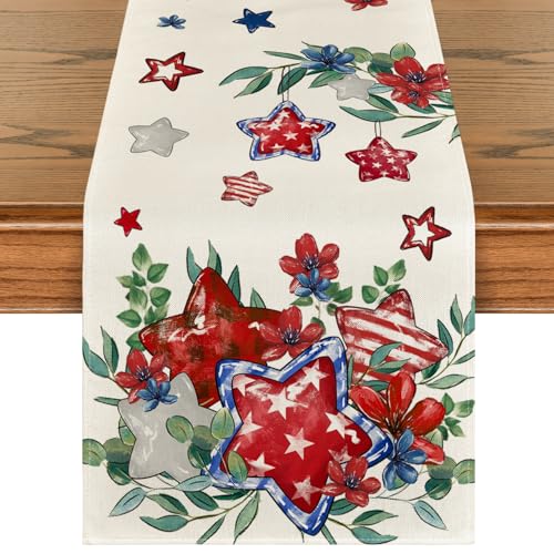 Artoid Mode Red Eucalyptus Flowers Stars Patriotic 210 GSM 4th of July Table Runner, Memorial Day Kitchen Dining Table Decoration for Home Party Decor 13x72 Inch - color: Red, size: 13" x 72", Table Runner