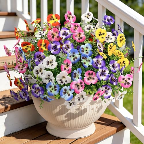 Ouddy Decor 20 Bundles Artificial Pansy Flowers for Outdoors, Fake Silk Flowers Faux Plants UV Resistant for Vase Table Balcony Planter Porch Yard Garden Indoor Outdoor Home Decor, Mixedcolor - color: Multi Color