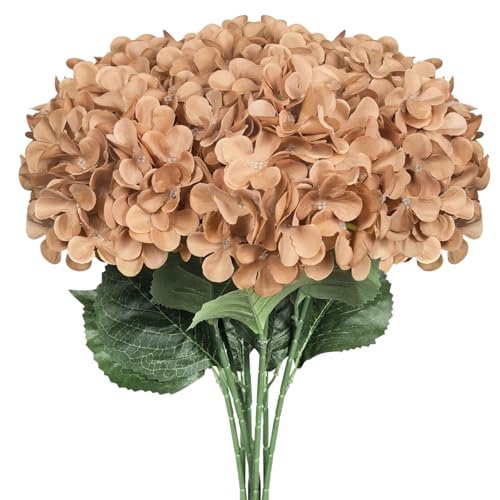 6 PCS Artificial Hydrangea Flowers, Faux Silk Hydrangea with Long Stems, Home Wedding Decor, Table Centerpieces, Party Decorations(Caramel) - color: Caramel
