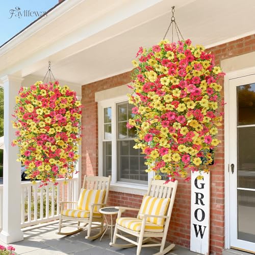 Artificial Hanging Flowers for Outdoors Spring Summer Decoration, 8PCS UV Resistant Silk Fake Hanging Plants for Patio Porch Front Yard Window Garden Indoor Decor(Hot Pink&Yellow,8PCS) - color: Hot Pink&yellow, size: 8PCS