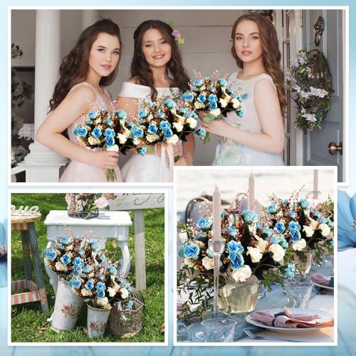 Hotop 12 Bunches of Artificial Flowers Centerpiece 13 Inches Silk Fake Roses Bouquets for Table Decoration Faux Arrangement Flowers for Wedding Cemetery Memorial Day (Light Blue) - color: Light Blue