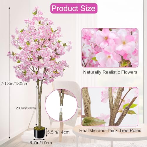 6FT Cherry Blossom Tree Artificial - Flower Trees Tall Artificial Plant, Large Pink Sakura Blossom Flowers Tree for Living Room Porch Entryway Office Decorations Indoor Outdoor
