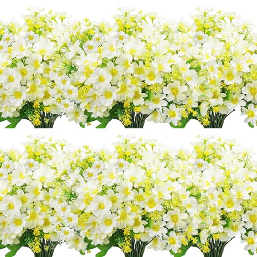 Uieke 12 Bundles Artificial Fake Flowers Outdoors UV Resistant Faux Daisy Mums Silk Flowers Bulk No Fade Shrubs Plants for Indoor Outside Home Wedding DIY Garden Porch Summer Décor (White) - color: Ivory,white, size: 12