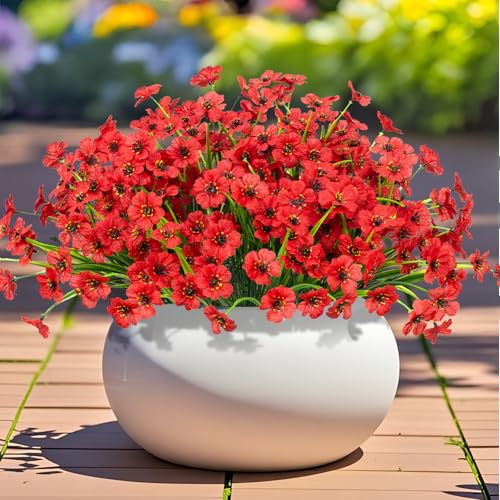 Outdoor Artificial Flowers 21 UV Resistant Bundles Fake Flower Plastic Plants Faux Silk Flowers Porch Hanging Garden Porch Window Box Decorating (Red) - color: Red
