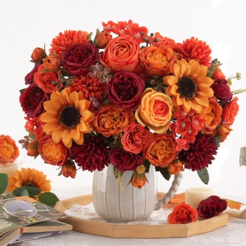 8 Pcs Mixed Autumn Artificial Peony Flower Set-4 Bouquets & 4 Stems, Burnt Orange Wine Red Fake Peony Sunflower Silk Flower for Fall Table Centerpiece Farm Wedding Thanksgiving Halloween Home Decor - color: Burnt Orange & Burgundy, size: Mixed 8pcs