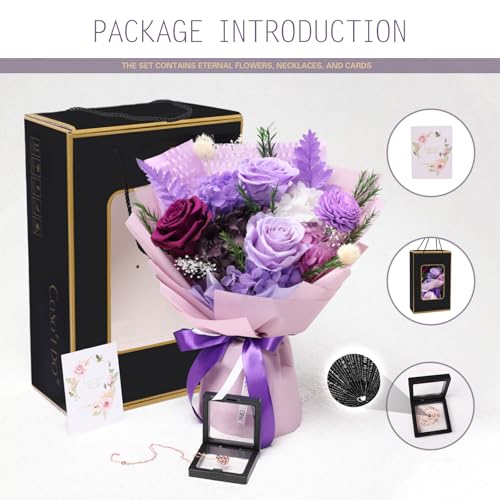 Casaido Preserved Flowers for Delivery, Mothers Day Purple Flower Bouquets with Necklace, Forever Real Roses Anniversary Birthday Valentines Day Christmas Rose Gifts for Women Mom Wife Girlfriend - color: Purple
