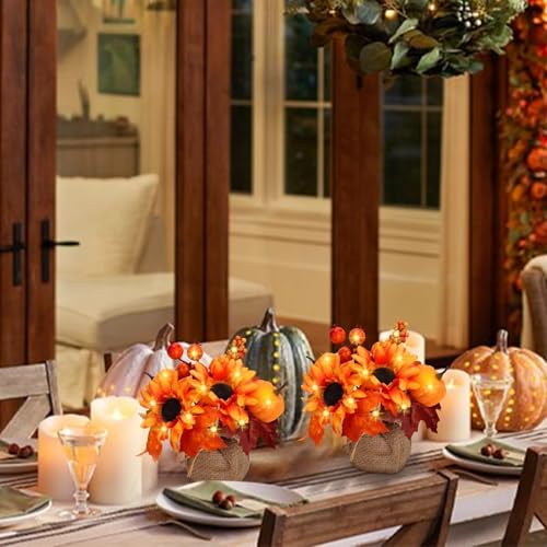 9 Inch Fall Decorations for Home 2 Pack Sunflowers Artificial Flowers with 40 LEDs Potted Autumn Leaves Pumpkin Fall Centerpieces for Tables Shelf Farmhouse Party Thanksgiving Decorations