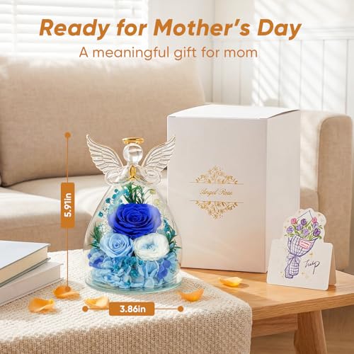 Preserved Rose in Glass Angel Figurine, for Mom/Wife/Grandma, Forever Flowers Rose Anniversary, Graduation or Birthday Gifts for Women Her - color: Blue