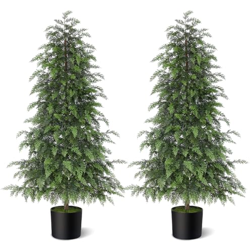 4FT Soft Textured Cedar Topiary Trees for Front Porch Decor, Artificial Shrubs Faux Plants Potted UV Resistant Fake Greenery for Outdoor Indoor Door Garden Farmhouse Home Decoration (Set of 2) - size: 4FT