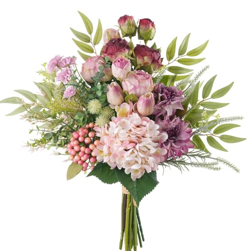 17-inch Artificial Fake Flowers Silk Flower Arrangements Faux Bouquets with Roses, Tulips, Calliopsis, Dahlias, Hydrangeas, Sages, Dandelions, Eucalyptus and Berry Bead Branch - color: Lilac Whisper