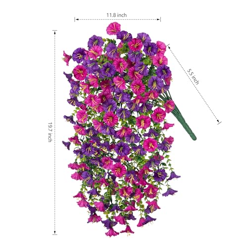 2 PCS Artificial Faux Hanging Flowers Plants for Outdoor Decor,Fake Silk Morning Glory with Eucalyptus UV Resistant Realistic Vines for Wall Home Porch Patio Balcony Yard Decor, Purple and Fuchsia - color: Purple+fuchsia