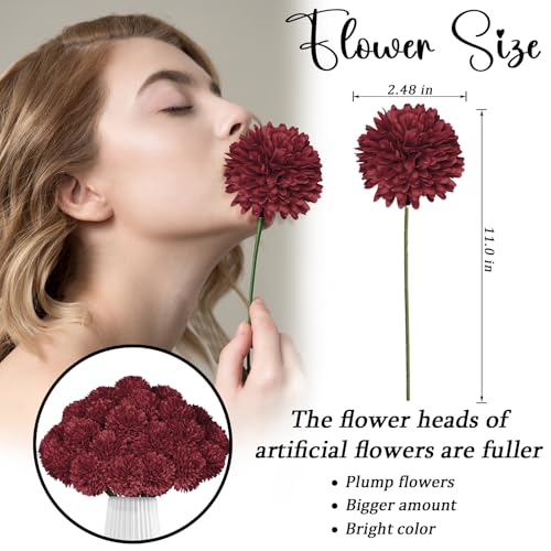 36 Pcs Burgundy Artificial Chrysanthemums Flowers Red Fake Mums Silk Ball Flowers for Fall Home Decor Wedding Table Centerpiece Christmas Floral Arrangements (Burgundy) - color: Burgundy