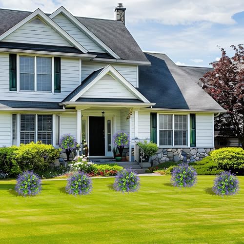 ENVEN Artificial Topiary Ball Tree Outdoor Plants with Ground Spike 22"- UV Resistant Faux Shrubs, Eucalyptus Fake Plants for Indoor & Garden, Yard, Porch, Patio Decor (Green Purple) - color: Green Purple