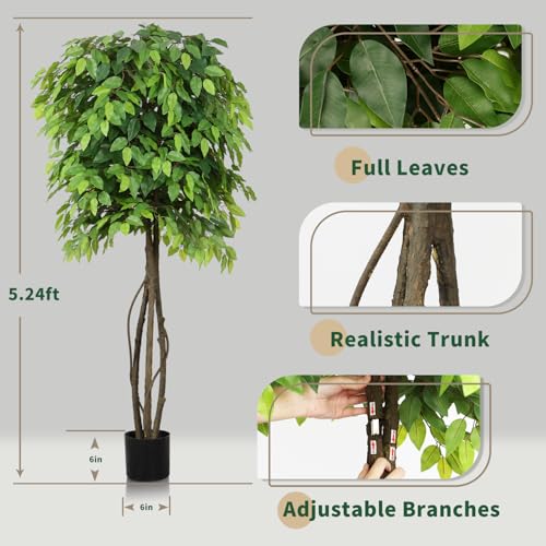 5ft Artificial Ficus Trees for Home Indoor Decor,Faux Banyan Plant with Nearly Natural Leaves Curved Trunks Fake Green Lifelike Tree for Living Room Office Garden Christmas New Year Decor - color: Green-ap21