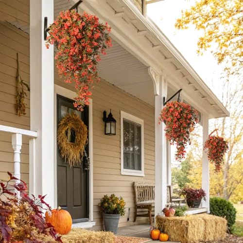 SJL Fall Faux Hanging Plants Artificial Fall Hanging Flowers Artificial Outdoor UV Resistant Fake Vine Plant Faux Greenery Plastic Plants 3Pcs for Farmhouse Thanksgiving Patio Party Decor (Salmon) - color: Hanging Salmon Rose