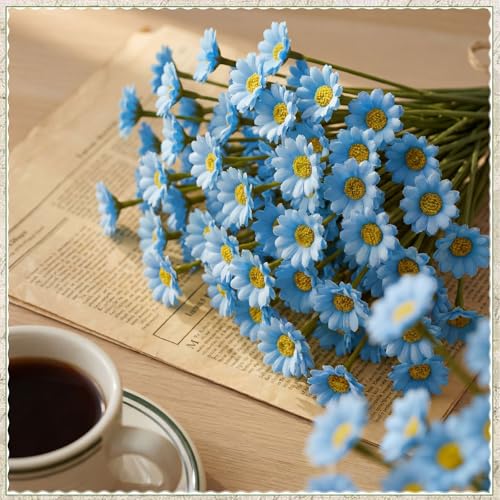 48 Pcs Small Daisy Flowers Artificial 10.6 Inch Fake Daisies Silk Floral Bouquets Spring Wildflowers with Stems Floral Arrangements for Vase Wedding Centerpiece Table Decor(Blue) - color: Blue