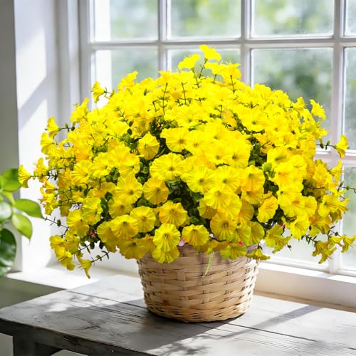 Grunyia Artificial Flowers - 16 Bundles UV Resistant Yellow Faux Silk Plastic Outdoor Fake Plants, Realistic Greenery Foliage for Porch Planter Window Box Garden Indoor Home Decor - color: Yellow