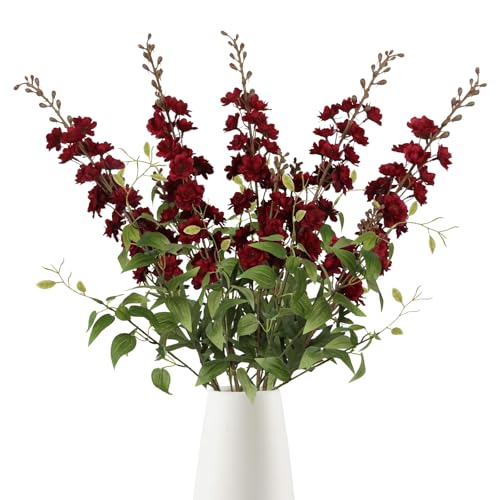 IPOPU Dark Red Flowers Artificial Delphinium 9PCS Burgundy Larkspur Artificial Flowers with Clematis Greenery Burgundy Silk Flowers for Wedding Centerpieces for Home Table Decor (Dark Red) - color: Dark Red