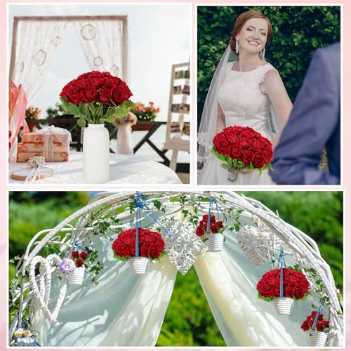 Jexine 50 Pcs Artificial Rose Flower Bulk Realistic Silk Fake Roses with Long Stem Plastic Artificial Flower Bouquet Real Looking for Home Wedding Centerpieces Party Decoration(Burgundy) - color: Burgundy