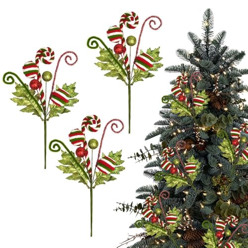 3 Pack Artificial Christmas Floral Picks Lime Green Red Berry Stems Xmas Tree Branches with Glitter Ball for Party Flower Arrangement Centerpieces (Green) - color: Green