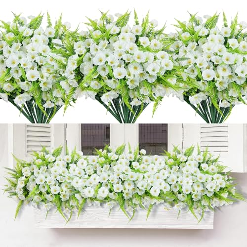 Artificial Flowers for Outdoors 12 Bundles White Artificial Petunias Fake Flowers UV Resistant Shrubs Plants with Fern for Indoor Outside Hanging Planters Home Garden Spring Summer Decorations - color: White