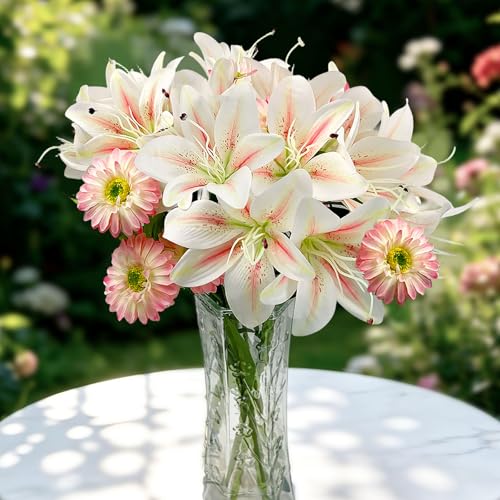 Daily Treasures 2Pack Artificial Lily Flowers, Faux Tiger Lily Bouquets with 10 Heads per Stem (2 Stems, 20 Heads Total), Pink White Blooms, 17.7in Silk Lilies for Home Hotel Decor