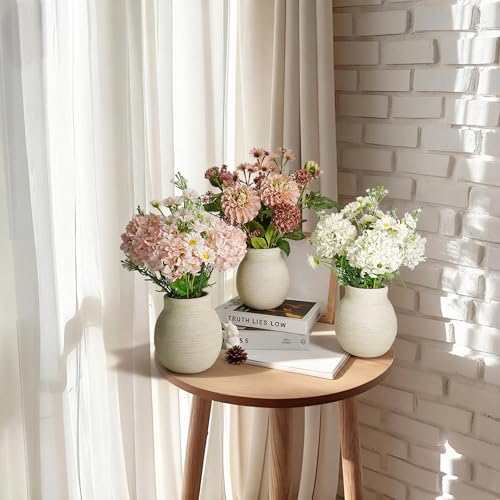 Fake Flowers with Vase for Home Decor, Faux Flowers with Paper Pulp Pot, Flower Arrangement with Silk Dahlias, Office Dining Living Room Decor, Centerpiece Table Decorations, White - color: White