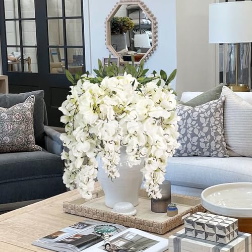 2Pcs Artificial Flowers Faux Silk Flowers Indoor Plants Hanging Wisteria Decoration for Home Indoor Kitchen Table Vase Wedding Party Table Centerpieces Outdoor Decor (White)