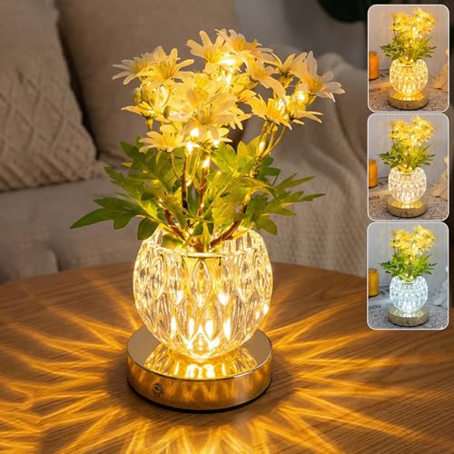Flower Table Lamp, 3 Colors Touch Stepless Dimming Daisy Night Light, Rechargeable Artificial Flower Light, LED Flower with Vase Lamp Romantic Decor for Date Party Home (Yellow - Daisy) - color: Yellow - Daisy