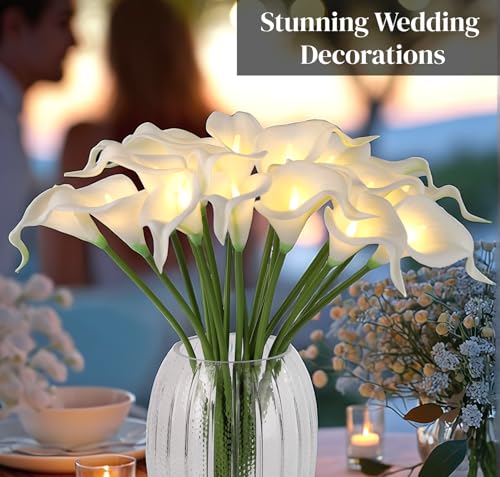 HOMESEASONS LED Lighted Artificial Flowers Calla Lily Bouquet 20 Stems Real Touch Calla Faux Flower Lights for Valentine's Day Gift and Easter Home Kitchen Wedding Dining Table Decor(White, No Vase) - color: White