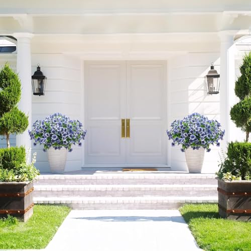 Grunyia Artificial Fake Flowers for Outdoor Spring Decoration, 16 Bundles Faux Silk Colorful Daisy UV Resistant Realistic for Outside Porch Patio Home Yard Garden Planters Pots Window Box (Blue) - color: Blue