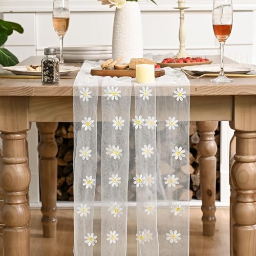 Artoid Mode Milky White Daisy Gauze Embroidery Table Runner 120 Inch 10FT, Tulle Seasonal Spring Kitchen Dining Holiday Table Decor for Home Party - color: Milky White