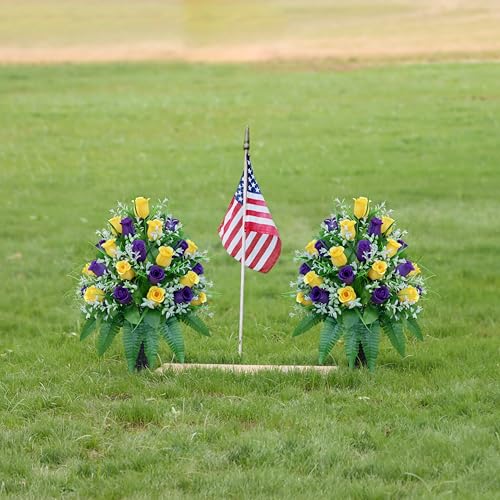 LVXINLI Artificial Cemetery Flowers, Gravesite Decoration Roses, Memorial Bouquets with Cemetery Vase, Vibrant and Long-Lasting Colors （ Yellow+Purple, 2 Bundles - color: Yellow+purple