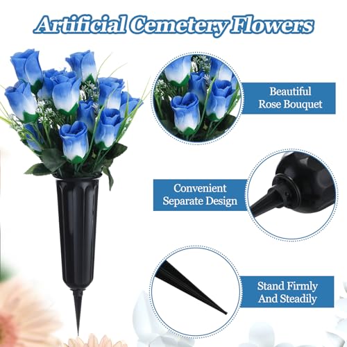 Tigeen 6 Sets Father's Day Cemetery Flowers with Grave Vase 12 Bunches Artificial Rose Memorial Bouquet 84 Heads Fake Silk Flower for Dad Gravesite Graveside Decor(Blue) - color: Blue