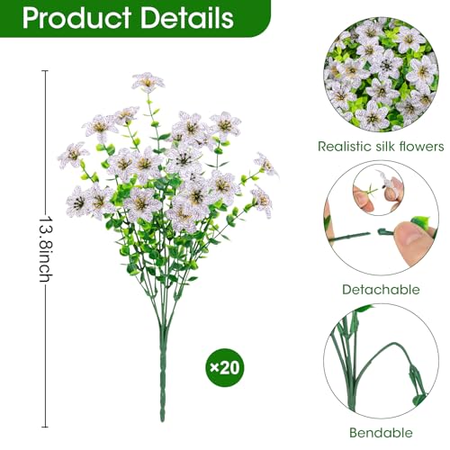 20 Bundles Artificial Flowers for Outdoors, Fake Silk Flowers UV Resistant Faux Realistic Plastic Plants for Spring Summer Porch Patio Garden Planter Window Box Home Decor, White - color: White