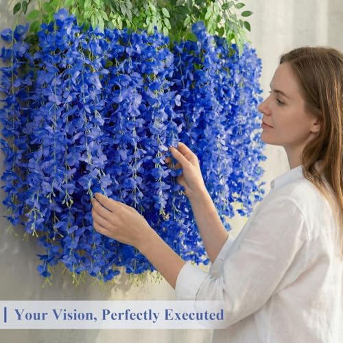 U'Artlines 24 Pack (Total 86.4 Feet) Artificial Fake Wisteria Vine Rattan Hanging Garland Silk Flowers String Home Party Wedding Decor (24, Navy Blue) - color: Navy Blue