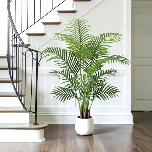 4ft Artificial Palm Tree Tall Faux Palm Tree Indoor Large Fake Plants with 12 Trunks Artificial Plants with White Pot Lifelike Leaves for Home Office Decor Living Rooms Bedrooms - color: Palm Tree 4ft