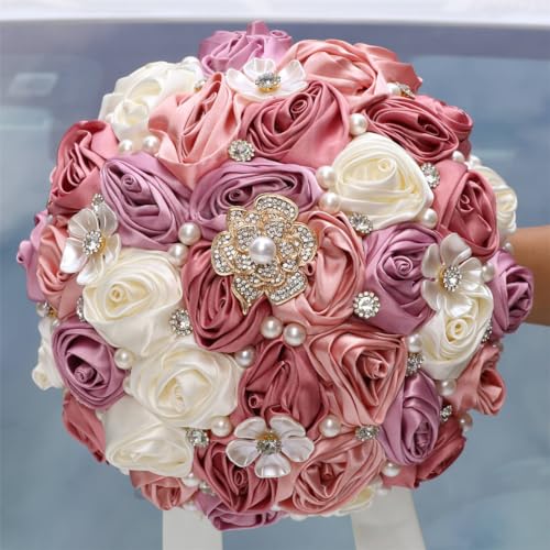 MaxxCloud 8.3‘’ Handmade Romantic Toss Bouquet for Bride Stunning Bridesmaid Brooch Wedding Bouquet with Jewelry Petals 3 Pink and Ivory - color: 3 Pink+ivory, size: 8.3''/21cm