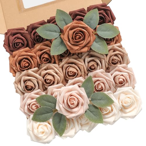 Rose Artificial Flowers 25pcs Shades of Earth Tones Ombre Colors Foam Fake Roses with Stems for DIY Wedding Bouquets Bridal Shower Centerpieces Party Tables Home Decorations - color: Shades of Earth Tones