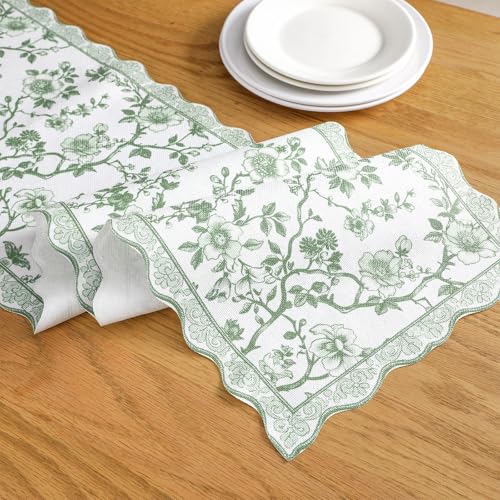 HunnmingRe 71x12 Inch Sage Green Floral Table Runner Vintage Table Runner Chinoiserie French Country Decor Summer Outdoor Tablecloth Decorative Dinner Tablecloth for Home Dining Kitchen Party Decor - color: Green