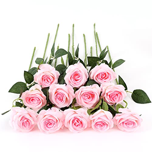 Laelfe 12 PCS Artificial Flowers Roses Fake Silk Flowers Long Stem Artificial Roses for Home Wedding Decorations - color: Light Pink