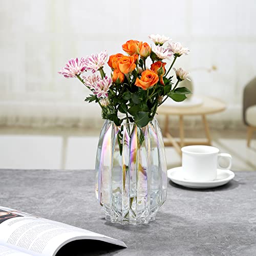 Glass Vase - Modern Ribbed Glass Vase for Flowers, Candles, and Decorative Accents -Black Grey, Amber, Clear and Colored Tall/Short Glass Vase for Centerpieces Home Table Decor (Colored, H-7.87inch) - color: Irised, size: H-7.87inch