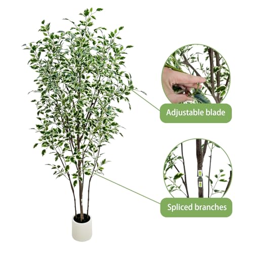 6ft Artificial Ficus Tree with White Plastic Planter | Foliage: Designed with natural green and white variegated leaves for lifelike indoor landscape decoration - color: White, size: 6ft