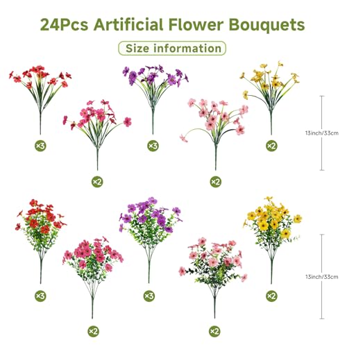 Alupssuc 24 Bundles Artificial Flowers for Outdoors Decoration, UV Resistant Silk Faux Daisy Flora Spring Fake Plastic Plants Greenery for Outside Indoor Yard Home Porch Window Box Decor, Mix 5 Colors - color: Red Rose Purple Yellow Pink