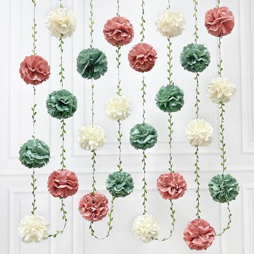 Sage Green Dusty Rose Pink Beige Tissue Paper Flowers Pom Pom with Leaf Ribbon Hanging Garland Streamer for Girl Safari Woodland Jungle Baby Shower Birthday Wedding Garden Party Decorations Supplies - color: Dusty Pink Green