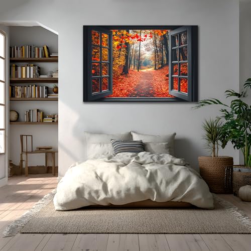 AMAZING WALL Autumn Forest Path View Peel and Stick 3D Fake Window Stickers,Removable Decals Wall Murals for Home Decor,16x24in/1PCS - color: Autumn Forest Path, size: 16x24"/1pcs